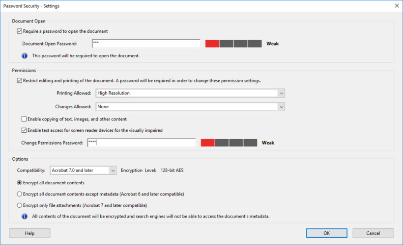 Параметры защиты в Adobe Acrobat: включение шифрования и прав доступа