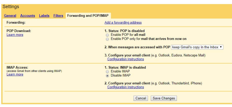 Параметр «Включить IMAP» в Gmail