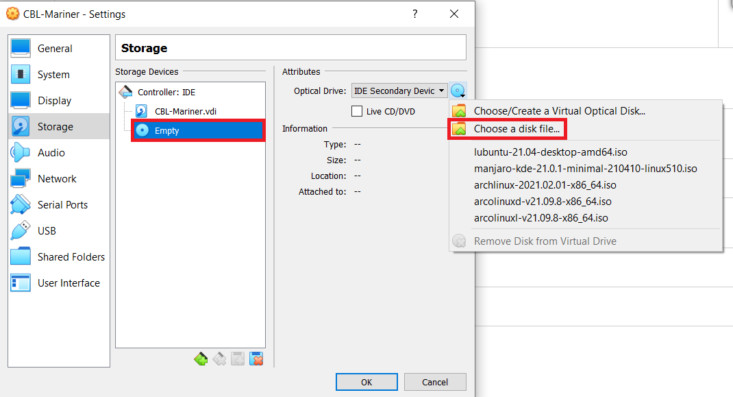 Подключение ISO‑образа CBL‑Mariner в VirtualBox