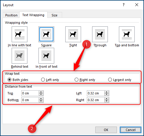 Окно 'Параметры макета' — вкладка 'Обтекание текста'