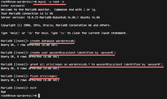 Создание базы данных WordPress и пользователя в MariaDB