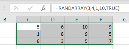 Пример RANDARRAY с целыми числами