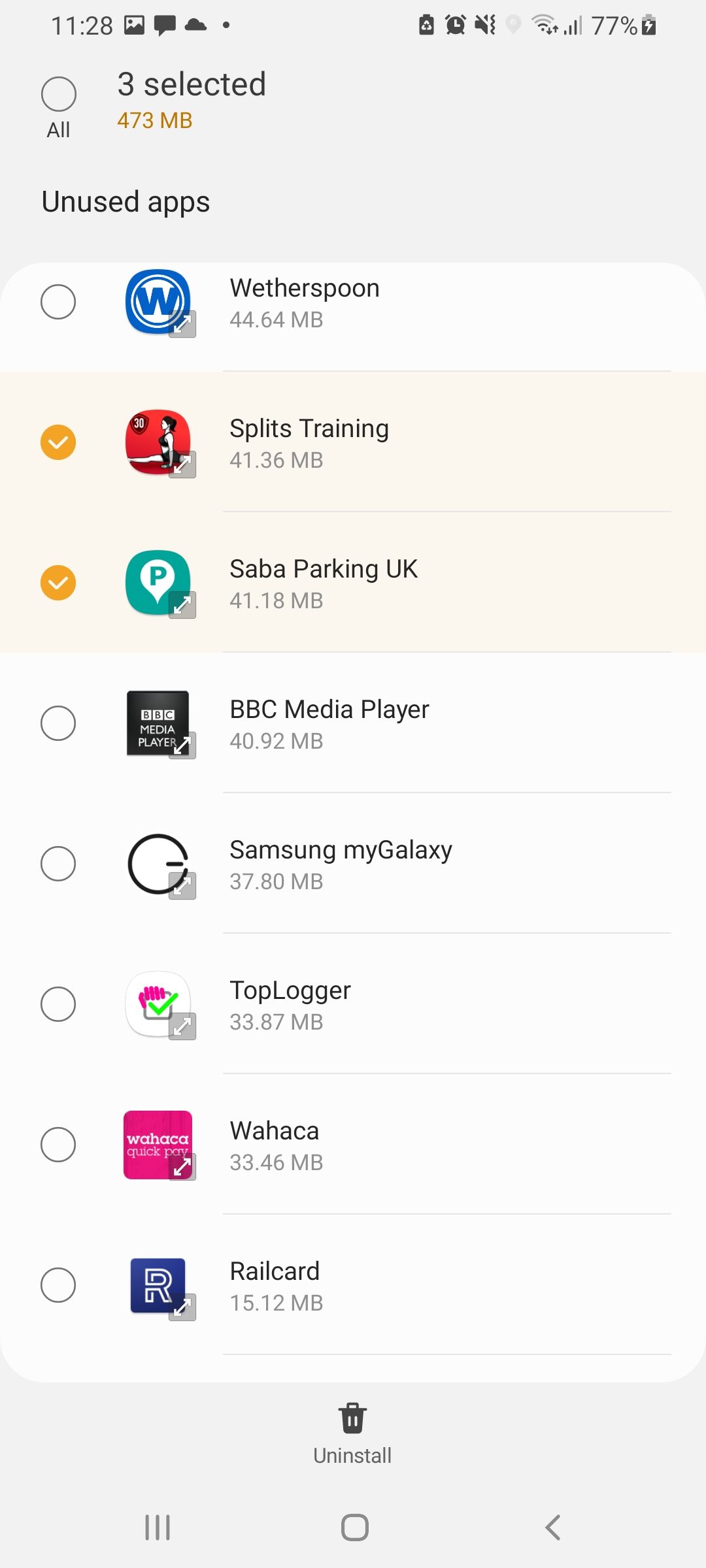 Раздел 'Неиспользуемые приложения' в Samsung My Files