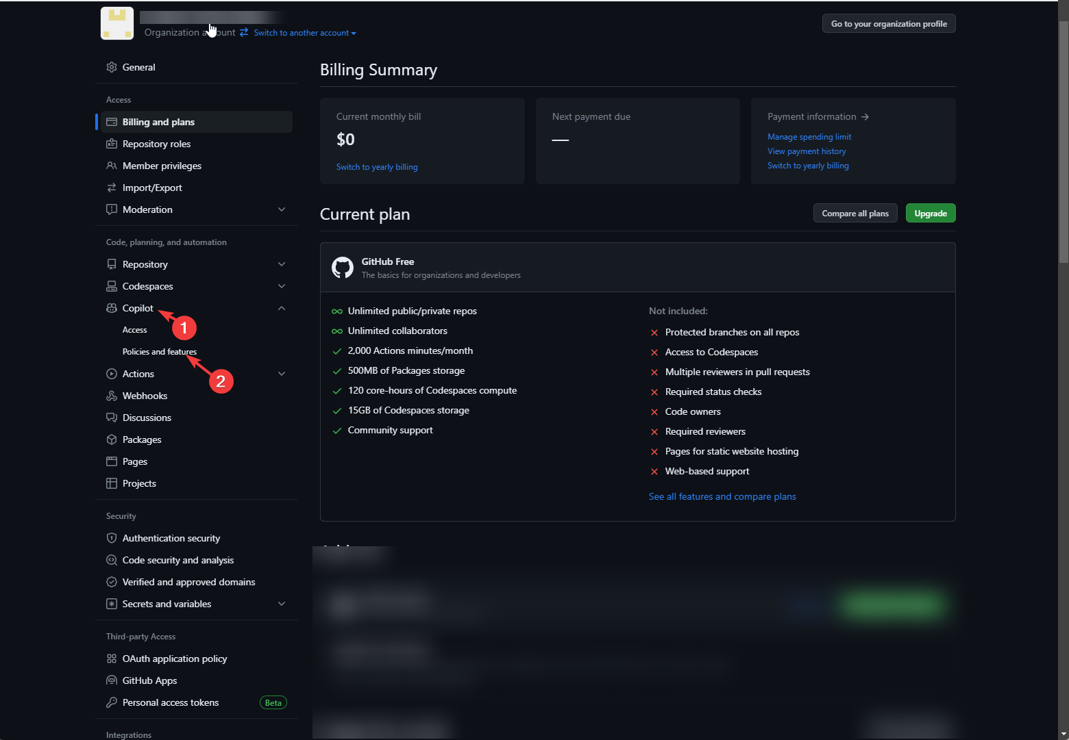 Раздел «Code, planning, and automation» и пункт «Copilot» в настройках
