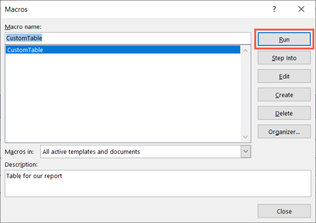 Выберите макрос и нажмите Запустить