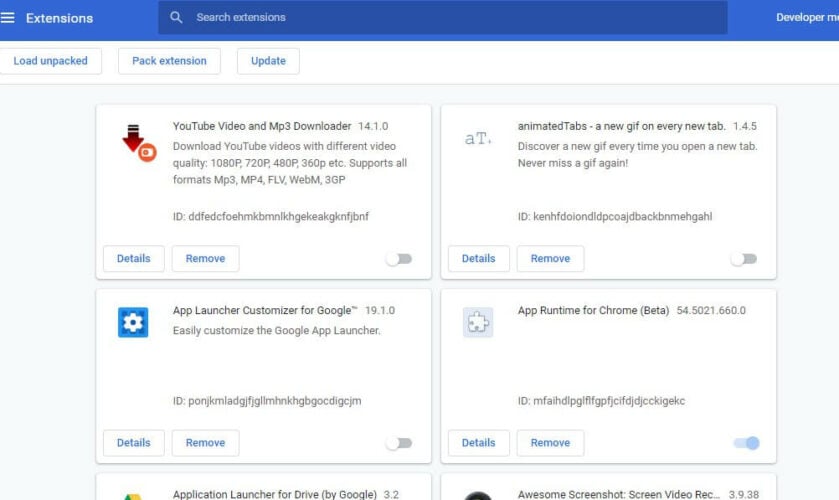 Вкладка расширений Chrome