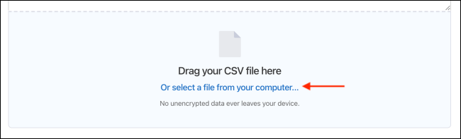 Диалог для выбора или перетаскивания CSV-файла в 1Password
