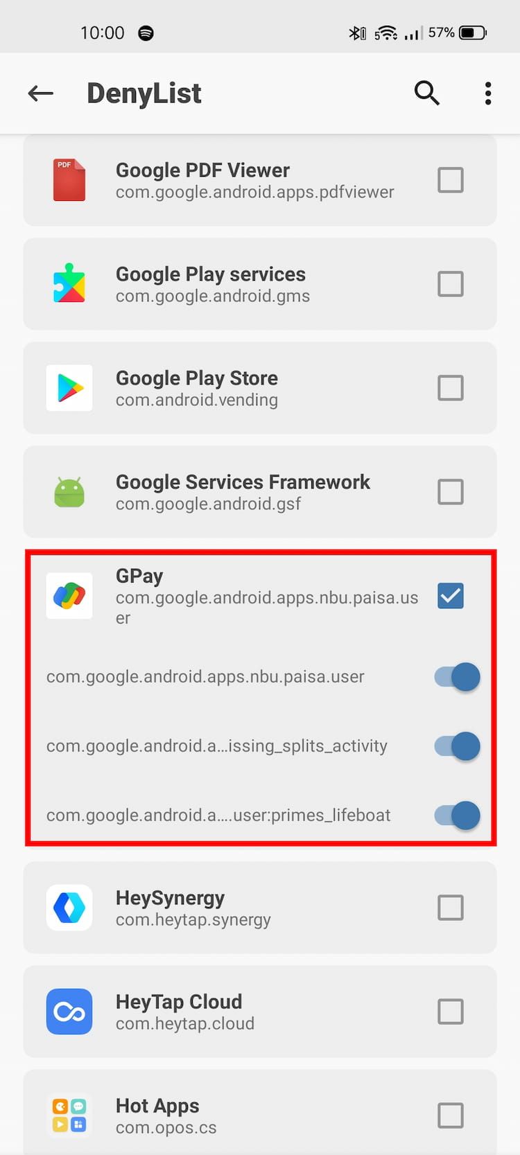 Пример Google Pay в списке DenyList