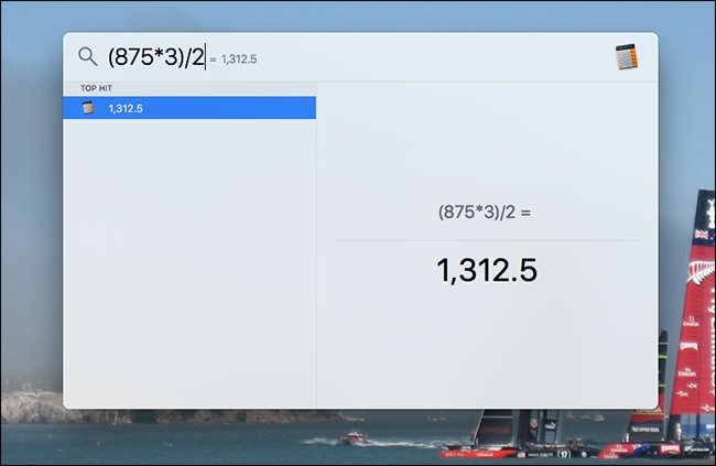 Калькулятор в Spotlight при вводе математического выражения