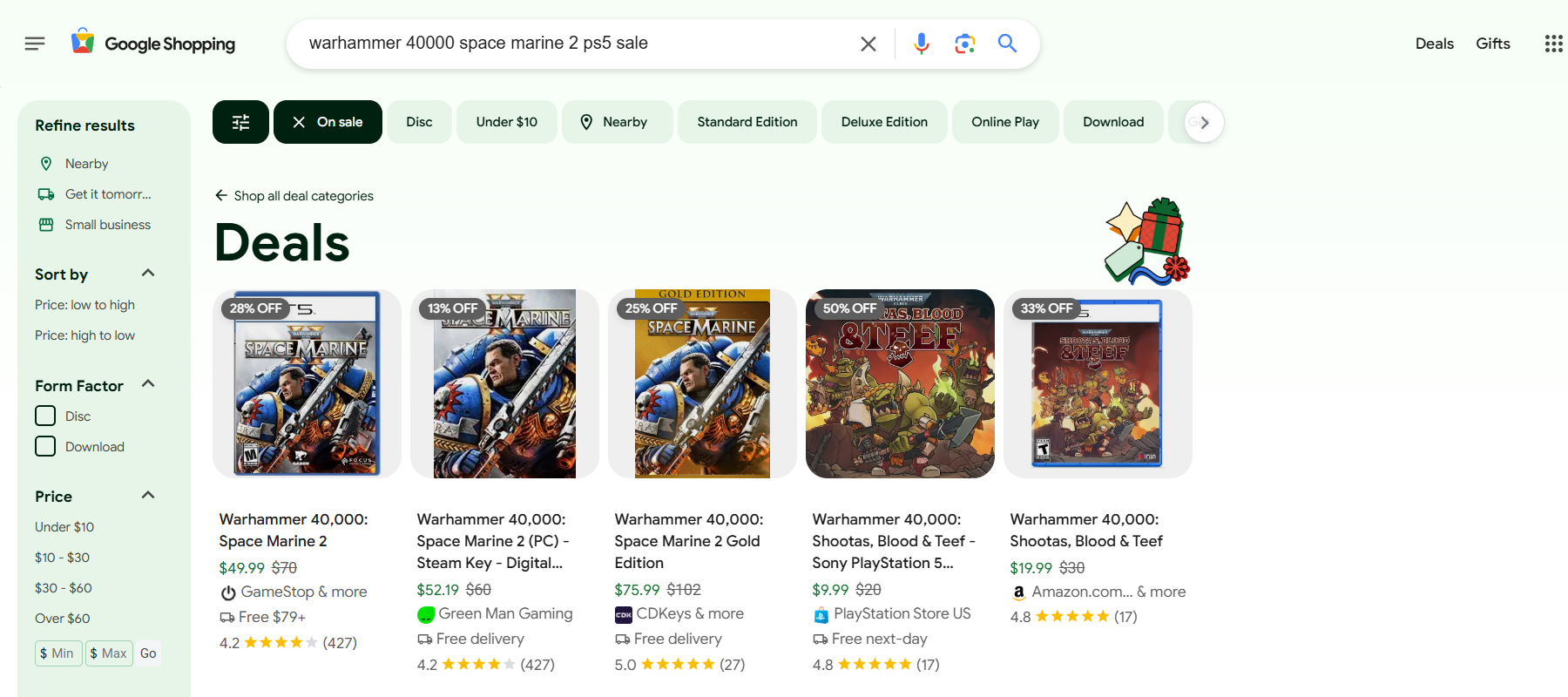 Предложения для игры на странице Google Shopping.