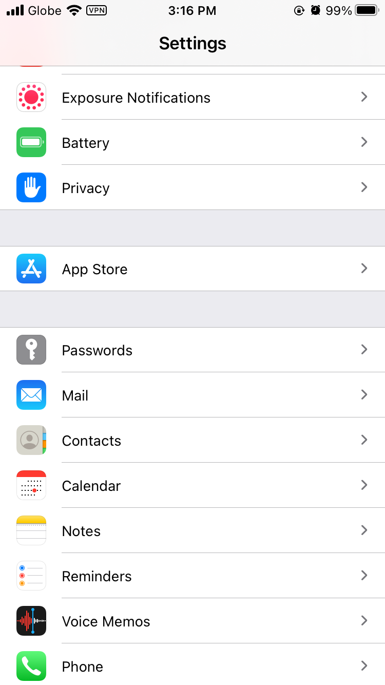 Скриншот настроек iPhone