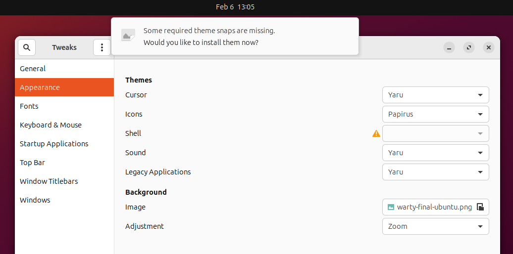Окно с предложением установить темы для snap‑приложений Ubuntu