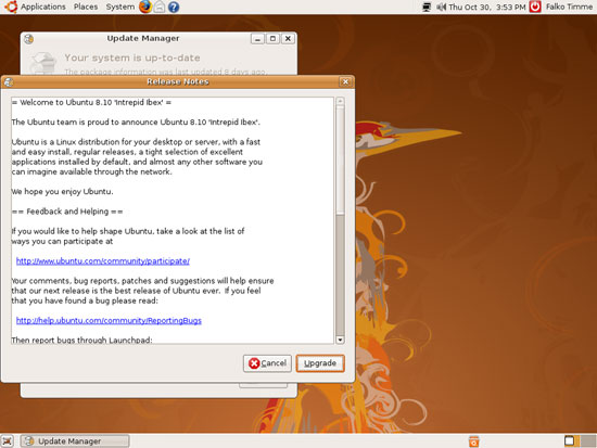 Окно заметок о выпуске Ubuntu 8.10 перед подтверждением обновления