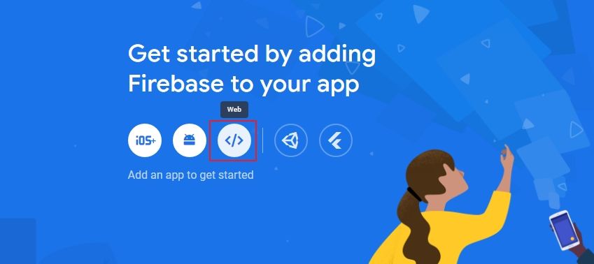 Иконка Web (регистрация приложения) на странице проекта Firebase