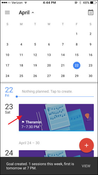 Sesiones programadas del objetivo en el calendario