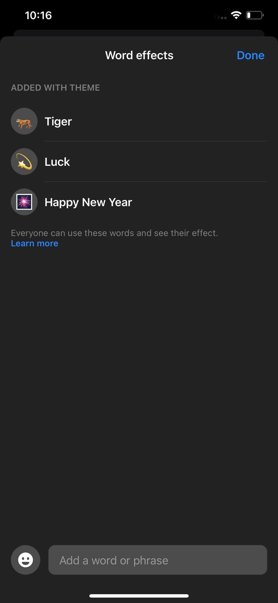 Подтверждение: пользовательский word effect удалён из списка