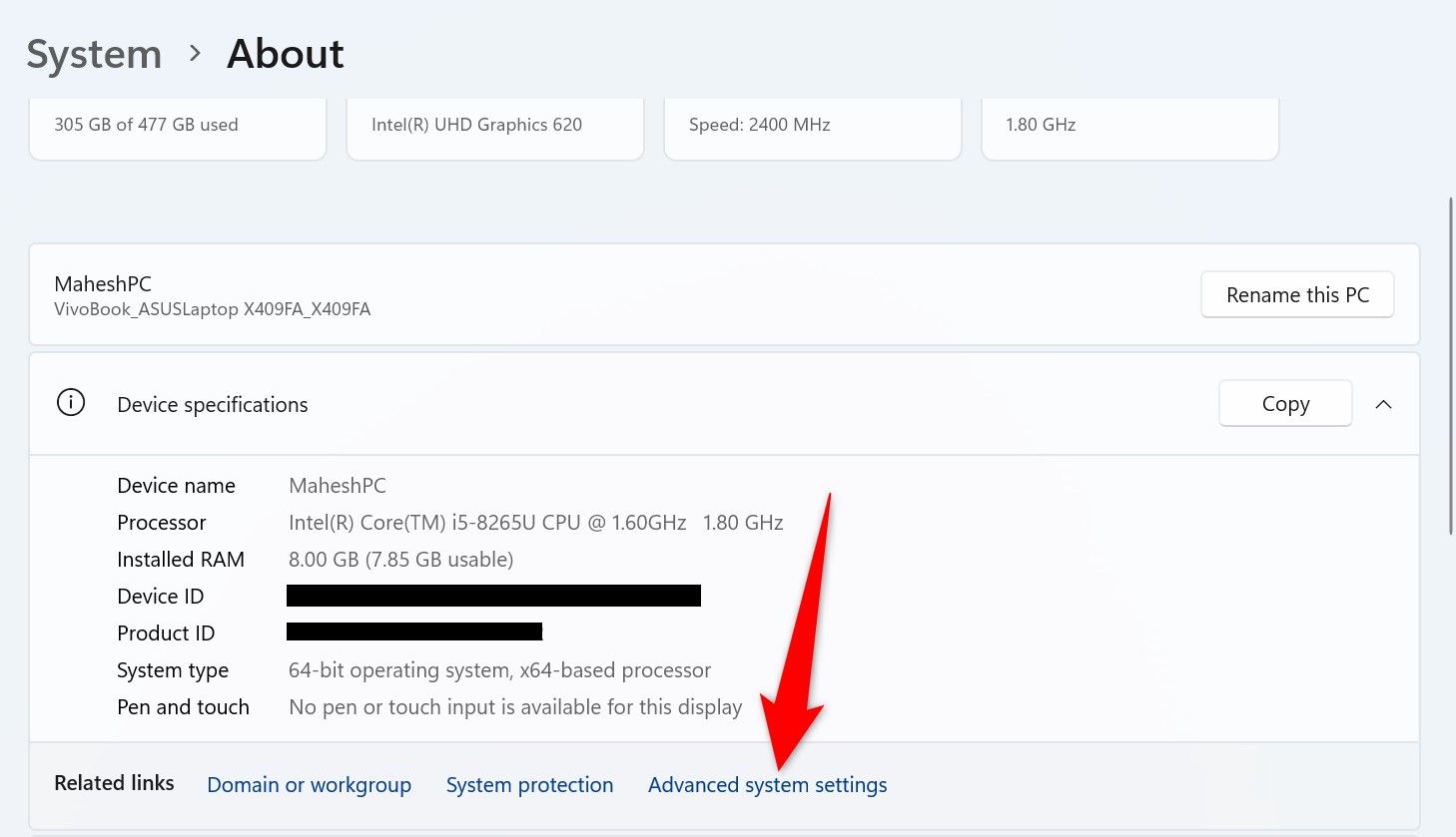 Выделена опция «Дополнительные параметры системы» в разделе спецификаций устройства.