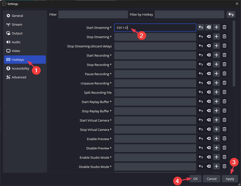 Окно настроек: список горячих клавиш OBS