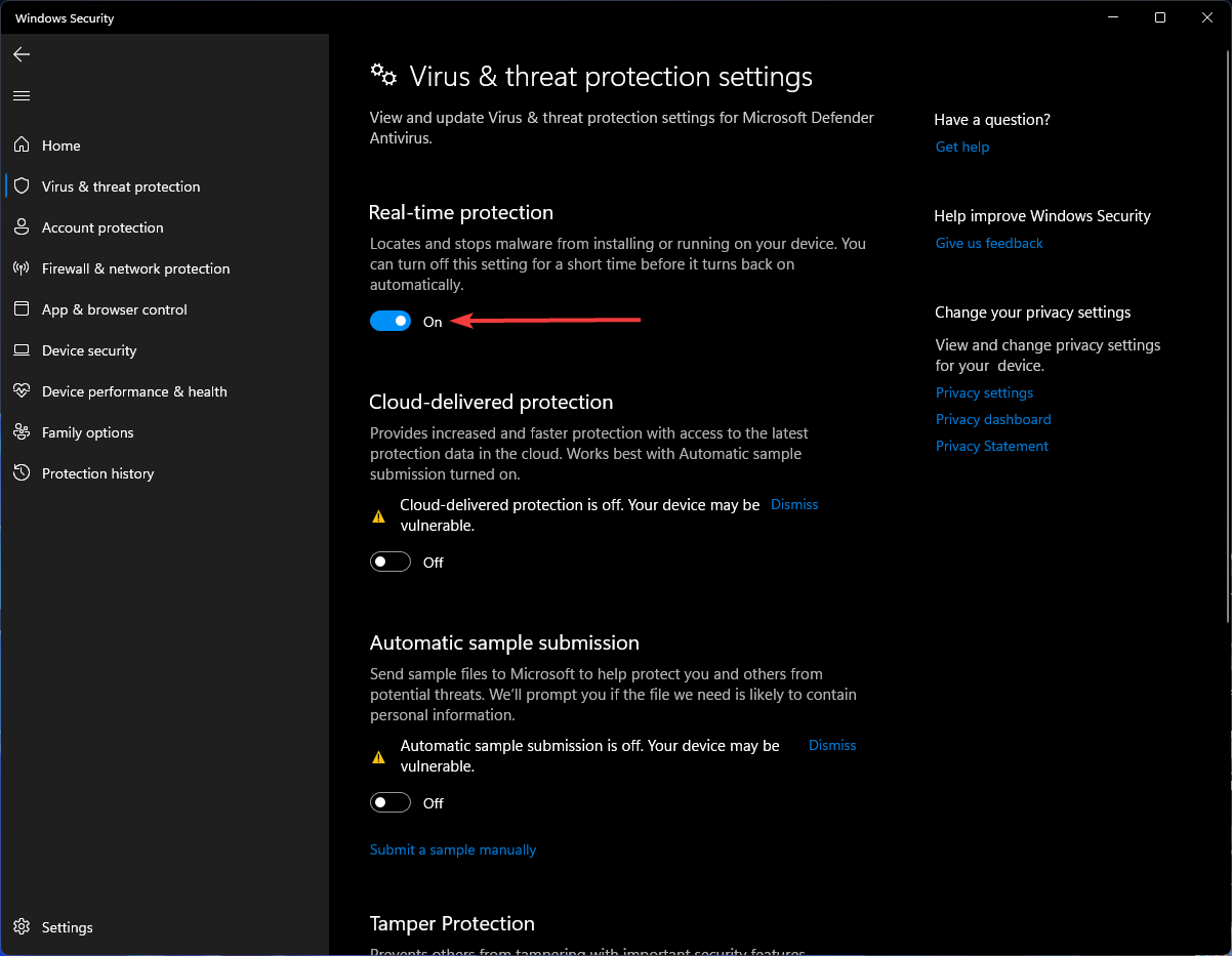 Ползунок отключения защиты в реальном времени