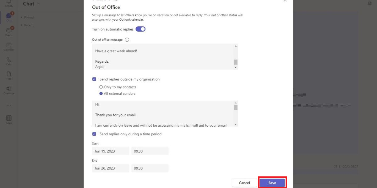 Кнопка «Сохранить» в окне «Вне офиса» Microsoft Teams