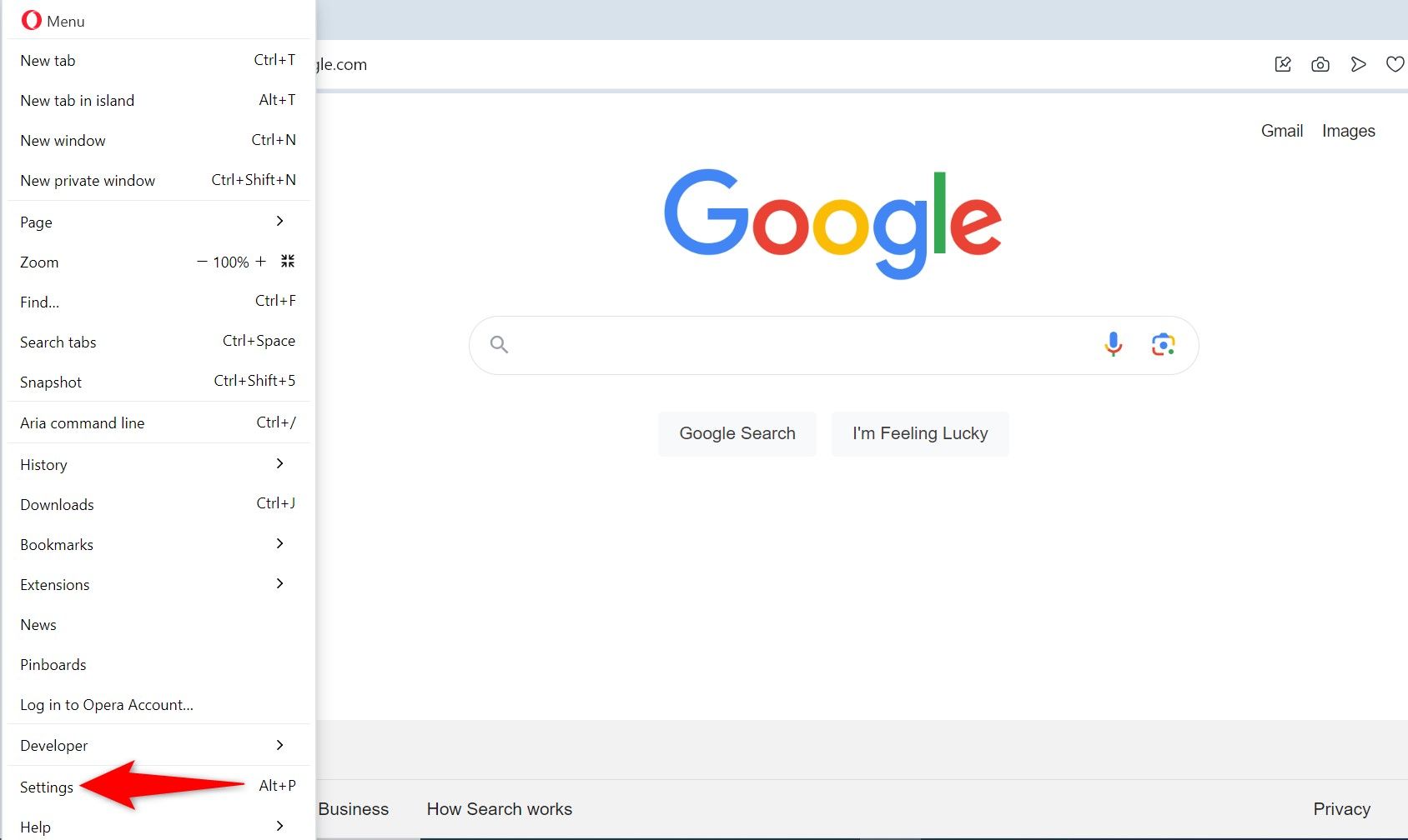 Пункт Settings в меню Opera