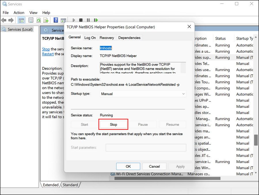 Кнопка «Остановить» в свойствах службы