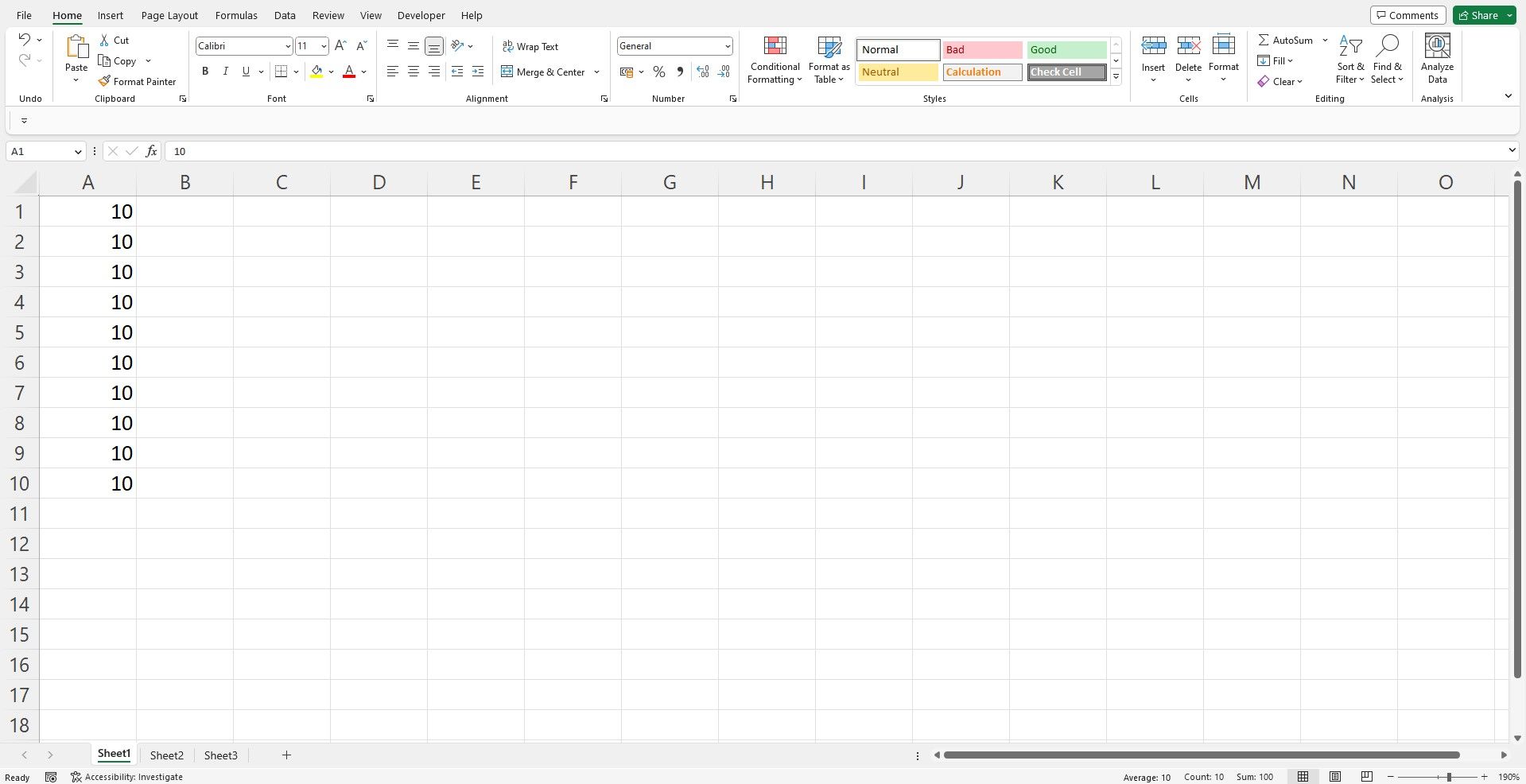 Лист Excel с заполненным столбцом