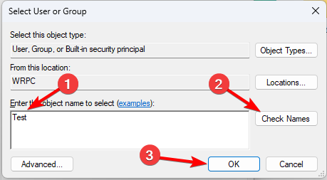 Ввод имени учётной записи для смены владельца