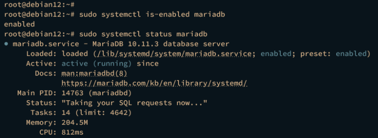 Проверка статуса MariaDB