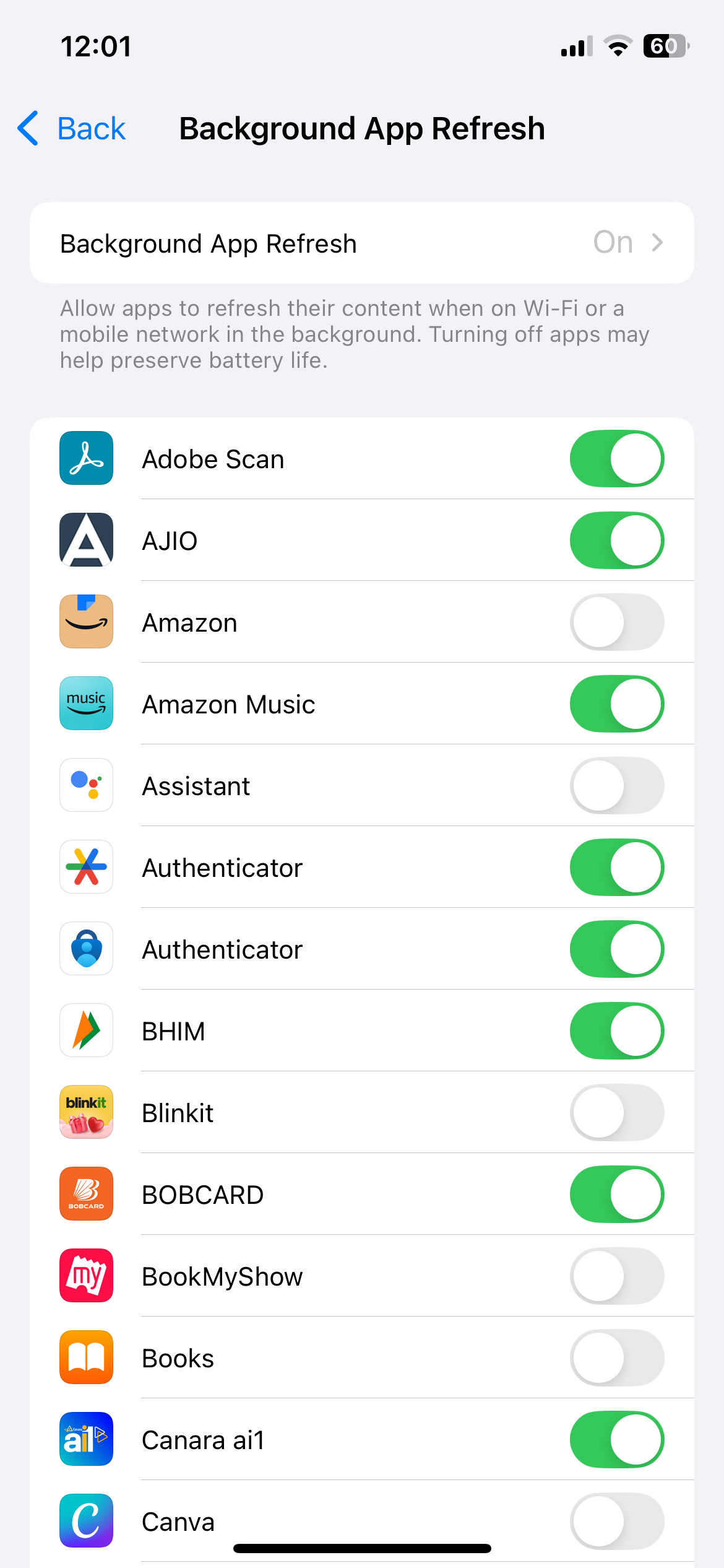Меню Background App Refresh на iPhone