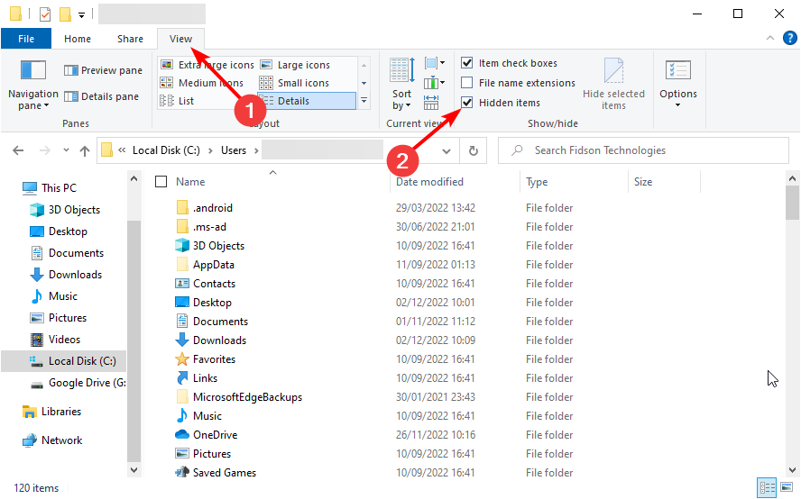 Показать скрытые элементы в Проводнике