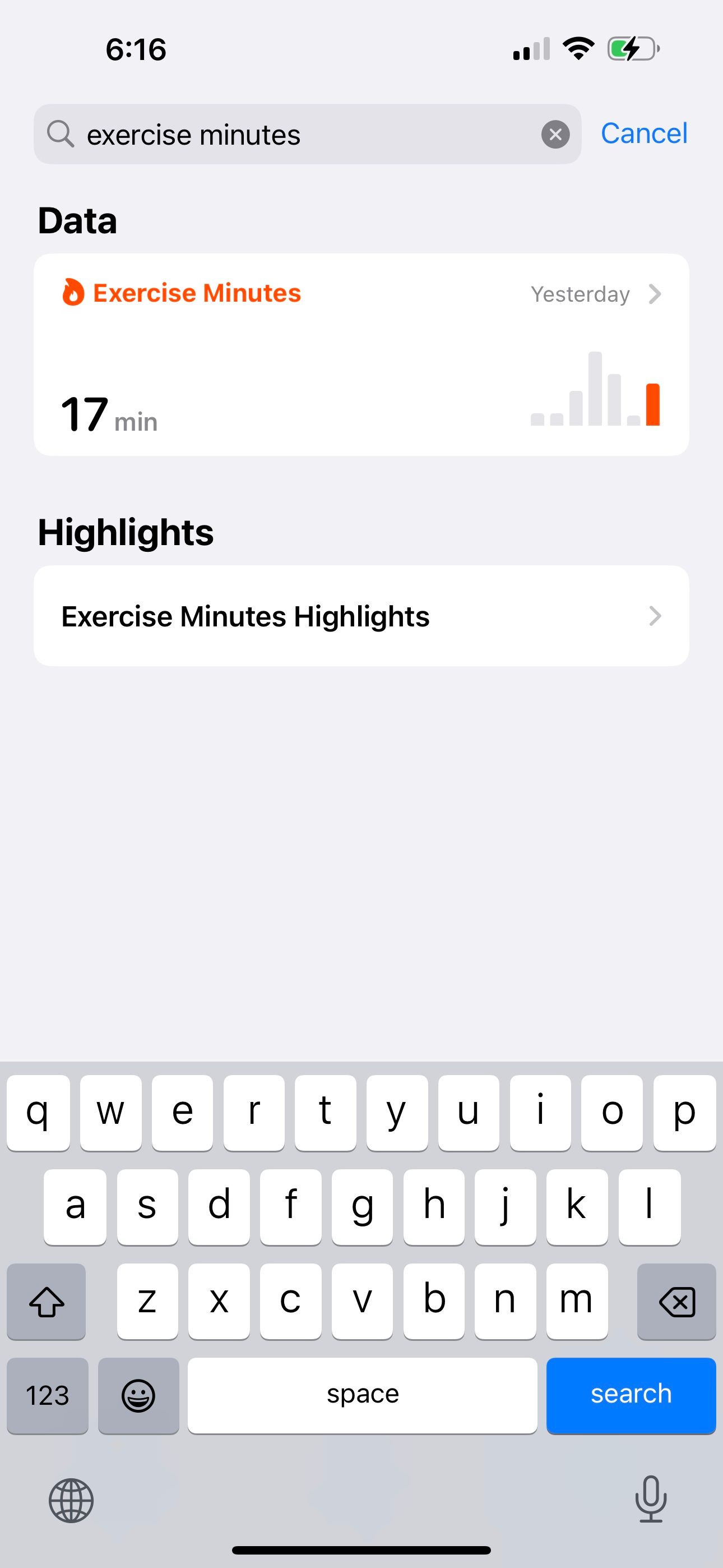 Поиск Минуты упражнений в приложении «Здоровье» на iPhone