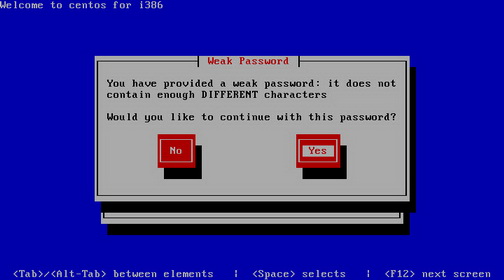 Предупреждение о слабом пароле в инсталляторе CentOS