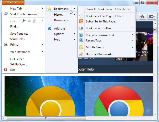 Открытие библиотеки закладок в Firefox