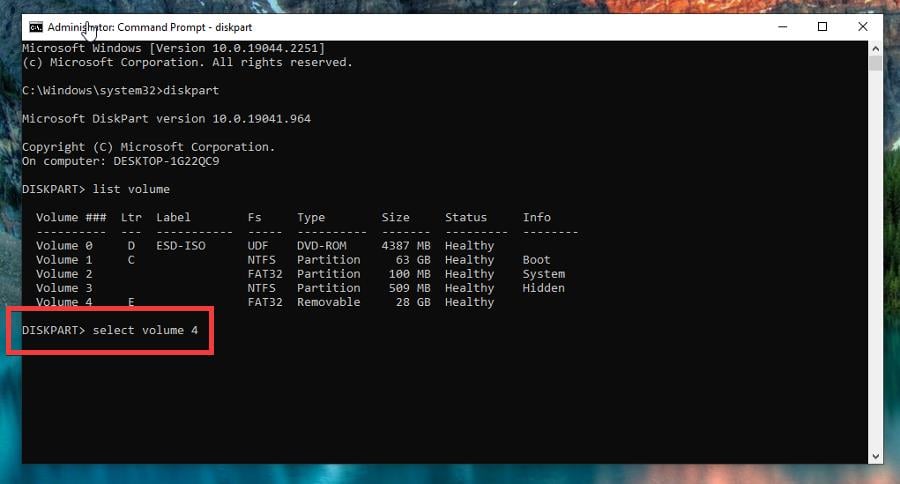 Выбор тома командой select volume