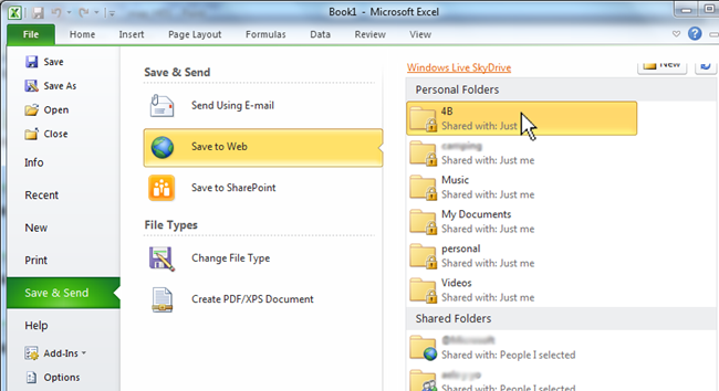 Пункт Save to Web с выбором папки SkyDrive