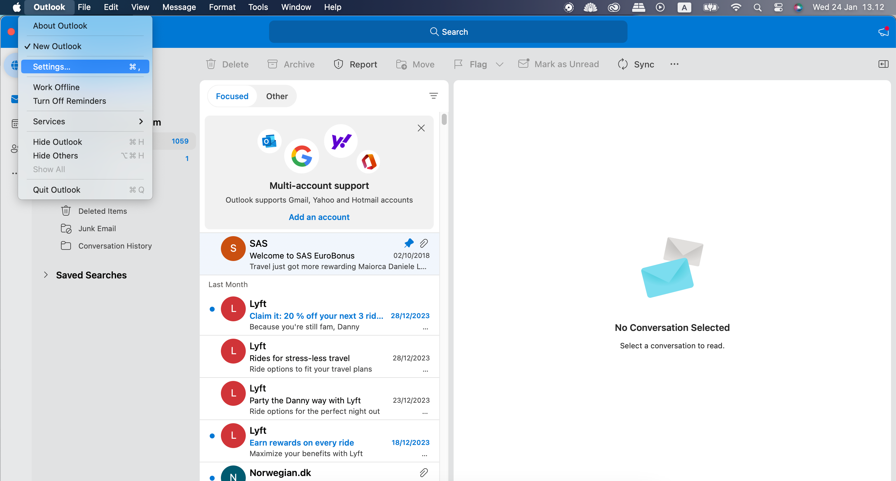 Откройте настройки Outlook на macOS через Outlook > Settings