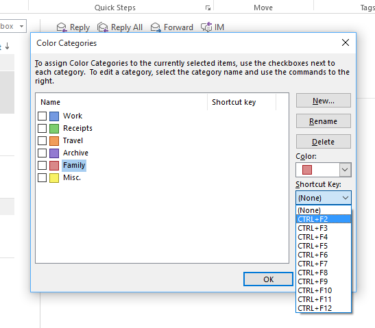 Окно управления категориями в Outlook