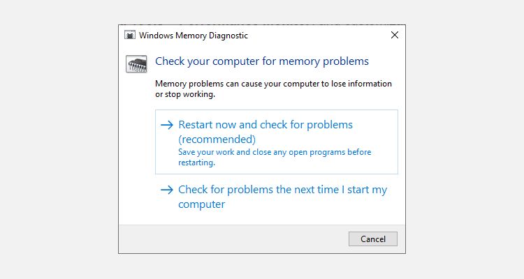 Опции средства диагностики памяти Windows