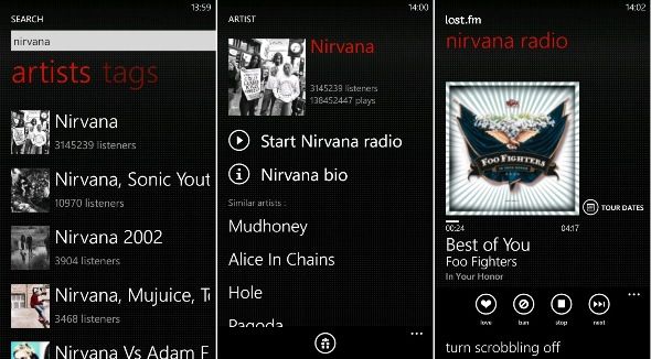 Интерфейс Last.fm на Windows Phone — экран воспроизведения с рекомендациями