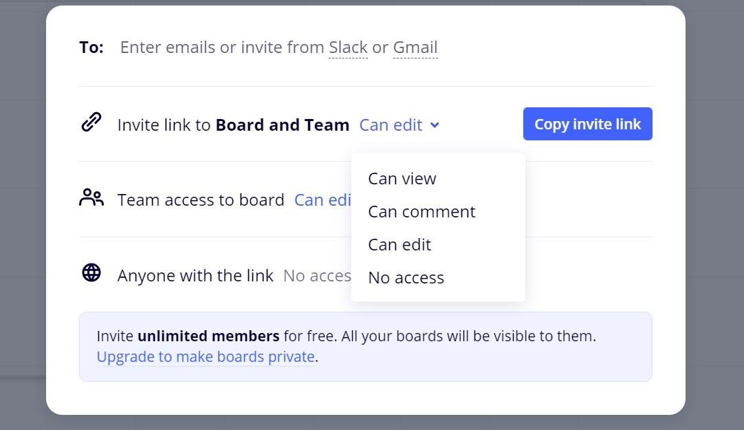 Меню с опциями шаринга доски в Miro