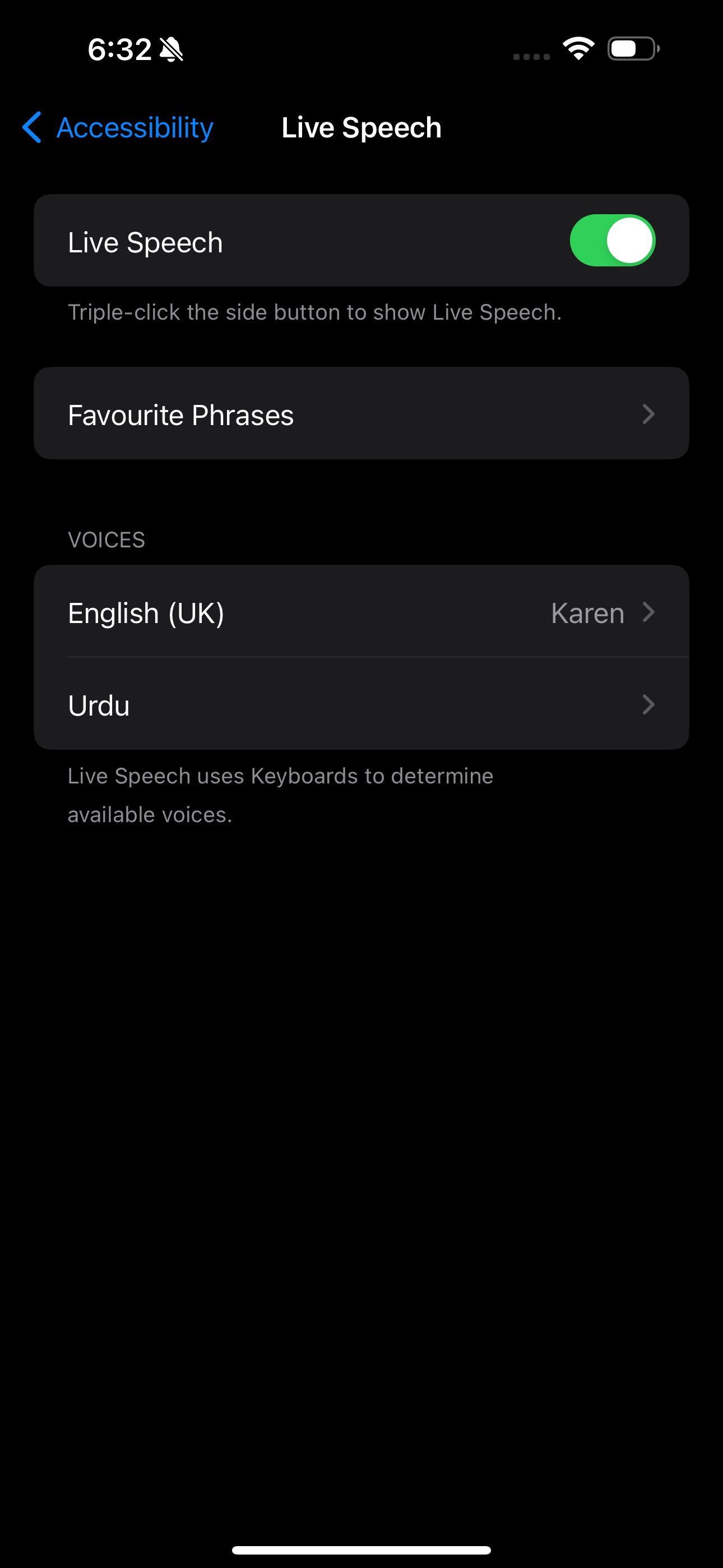 параметры Live Speech на iPhone