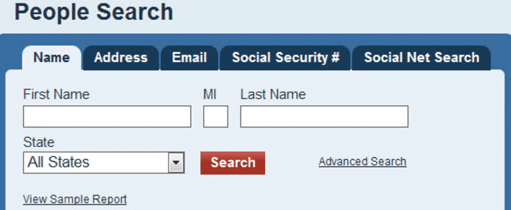 Поисковая форма на сайте поиска людей, демонстрирующая поля для имени, телефона и адреса