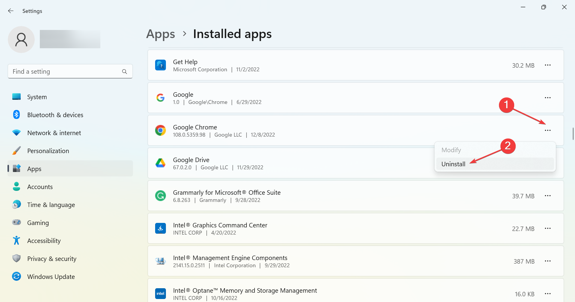 Удаление Google Chrome через меню Установленные приложения