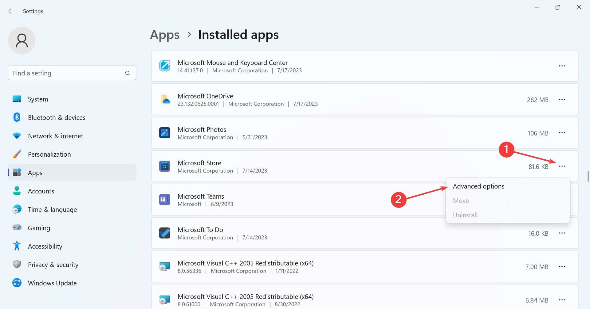 Microsoft Store 고급 옵션 위치