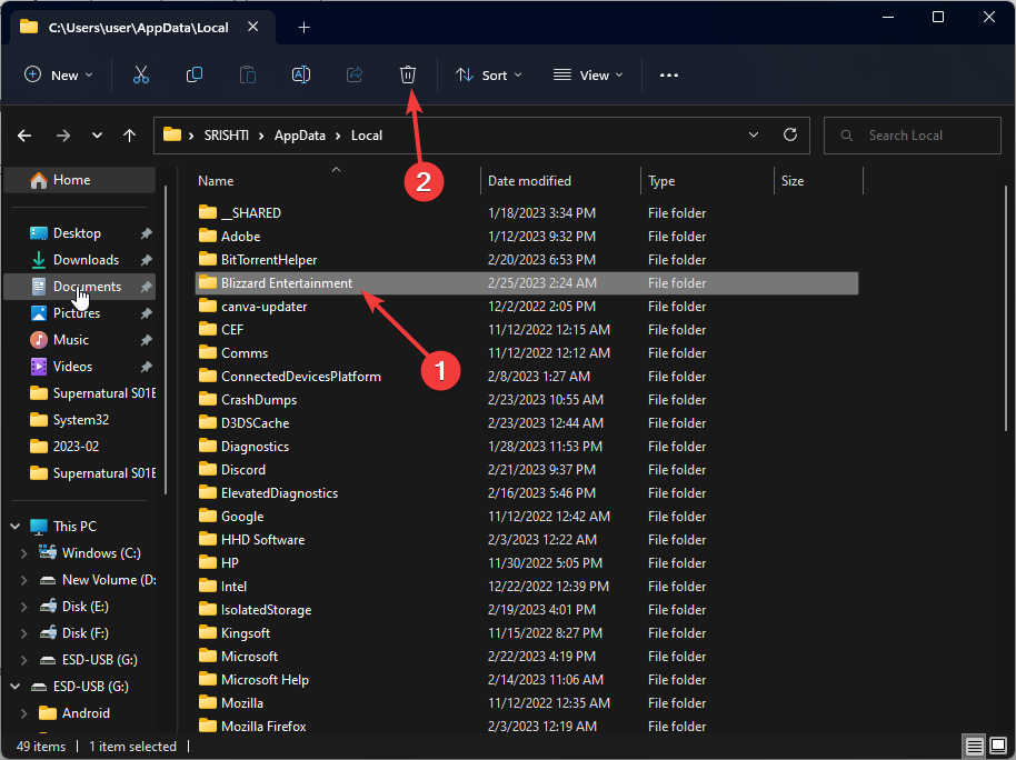 Папка Blizzard Entertainment выделена для удаления