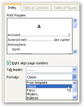 Выбор стиля формата индекса в Word