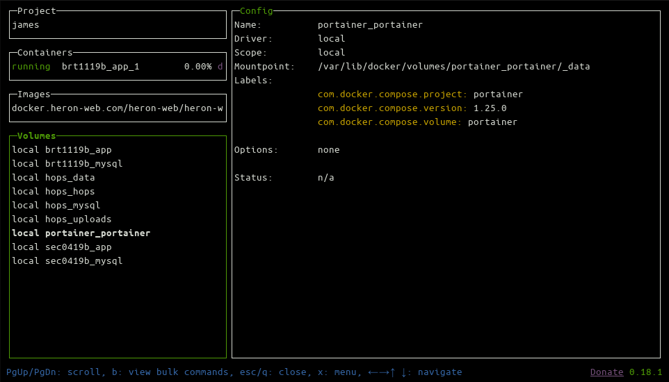 Экран с томами Lazydocker