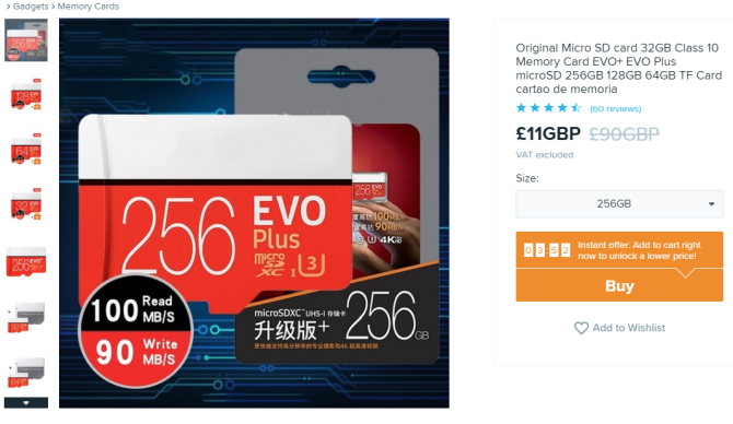 Скриншот объявления «Original MicroSD» с визуальным копированием дизайна Samsung