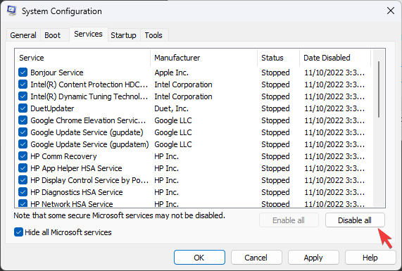 Ocultar serviços Microsoft e desabilitar todos